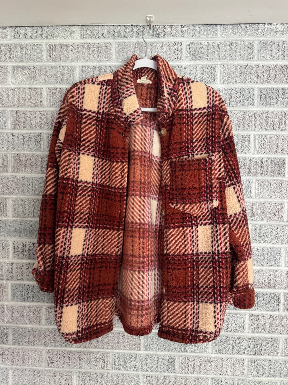Plaid Teddy Jacket in Rust & Cream